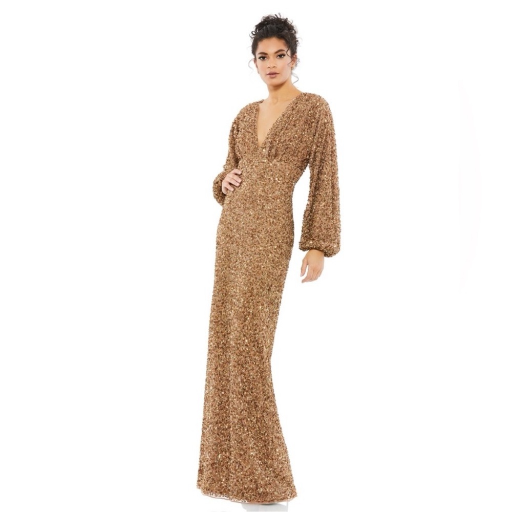 NWT Mac Duggal 10791 Sequined Bishop Sleeve Column Gown Dress US 6